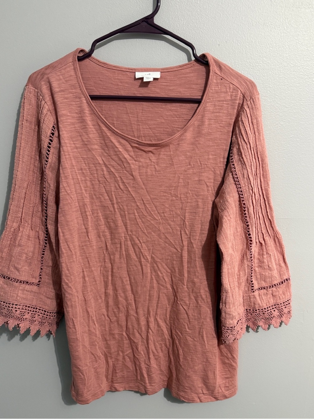 J Jill Top Womens Medium Crochet Half Sleeve Dusty Pink Scoop Neck Modest